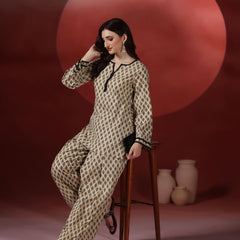 Beige Pure Cotton Printed Round Neck Full Sleeves Hip Length Straight Kurta Farshi Salwar Set