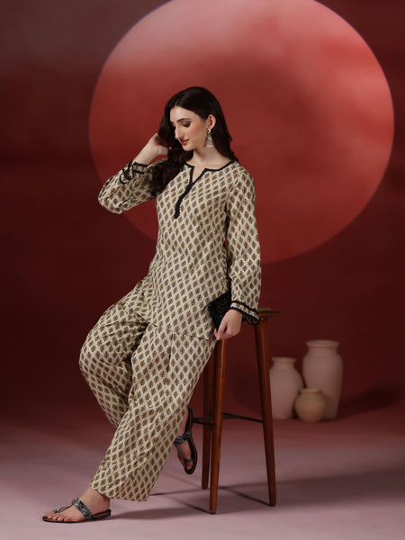 Beige Pure Cotton Printed Round Neck Full Sleeves Hip Length Straight Kurta Farshi Salwar Set Mizazjaipur