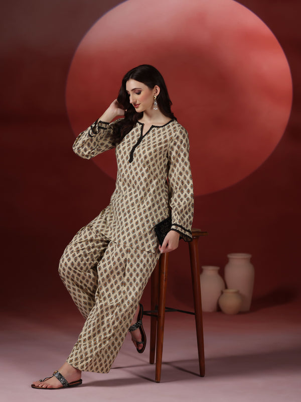 Beige Pure Cotton Printed Round Neck Full Sleeves Hip Length Straight Kurta Farshi Salwar Set