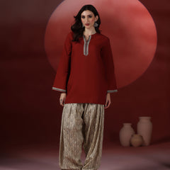 Brick Pure Cotton Solid Round Neck Full Sleeves Hip Length Straight Kurta Farshi Salwar And Dupatta Set Mizazjaipur