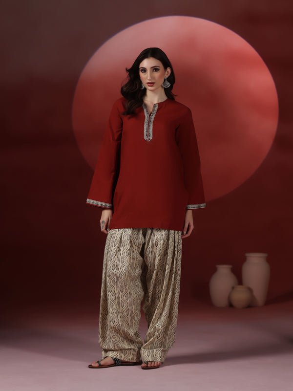 Brick Pure Cotton Solid Round Neck Full Sleeves Hip Length Straight Kurta Farshi Salwar And Dupatta Set Mizazjaipur