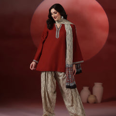Brick Pure Cotton Solid Round Neck Full Sleeves Hip Length Straight Kurta Farshi Salwar And Dupatta Set Mizazjaipur
