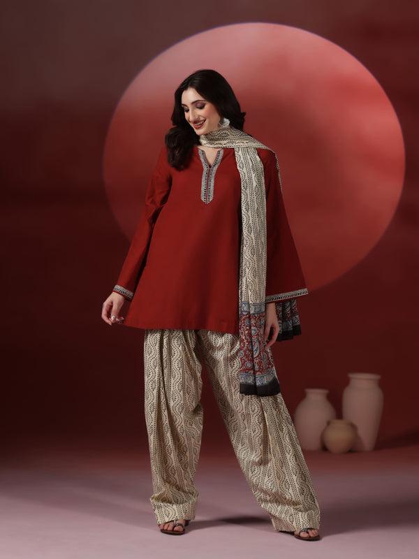 Brick Pure Cotton Solid Round Neck Full Sleeves Hip Length Straight Kurta Farshi Salwar And Dupatta Set Mizazjaipur