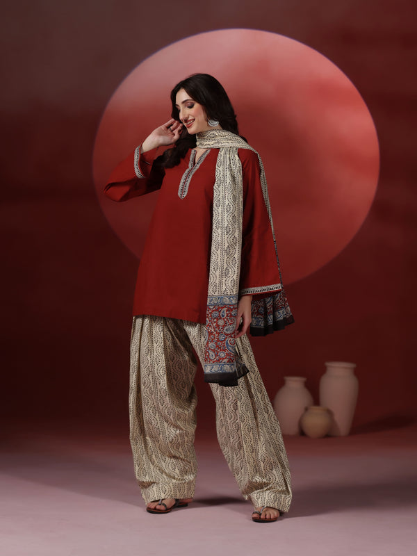 Brick Pure Cotton Solid Round Neck Full Sleeves Hip Length Straight Kurta Farshi Salwar And Dupatta Set Mizazjaipur
