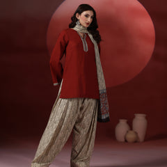 Brick Pure Cotton Solid Round Neck Full Sleeves Hip Length Straight Kurta Farshi Salwar And Dupatta Set Mizazjaipur