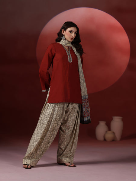 Brick Pure Cotton Solid Round Neck Full Sleeves Hip Length Straight Kurta Farshi Salwar And Dupatta Set Mizazjaipur