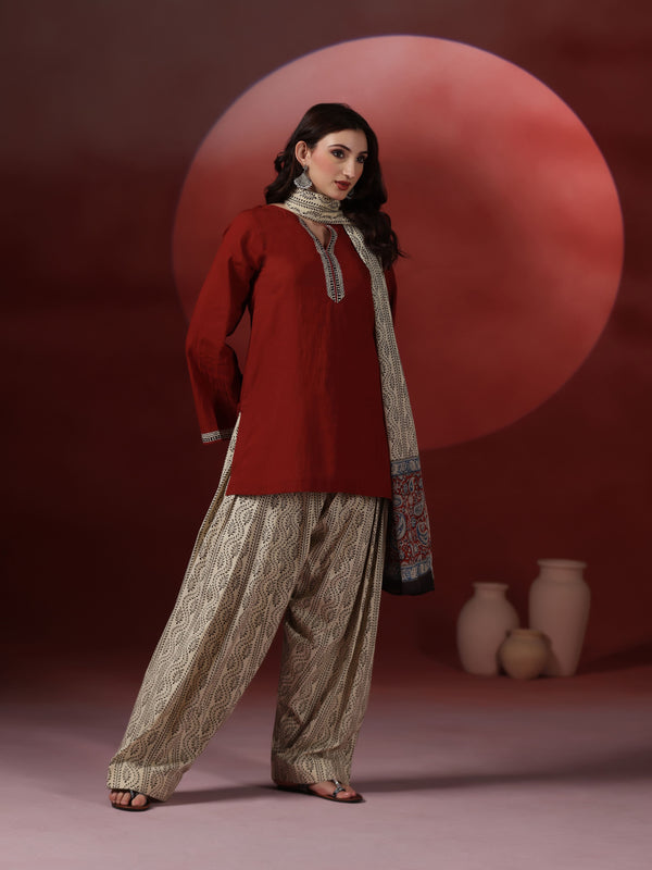 Brick Pure Cotton Solid Round Neck Full Sleeves Hip Length Straight Kurta Farshi Salwar And Dupatta Set Mizazjaipur