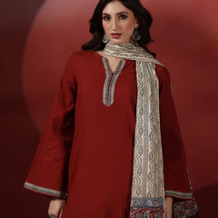 Brick Pure Cotton Solid Round Neck Full Sleeves Hip Length Straight Kurta Farshi Salwar And Dupatta Set Mizazjaipur