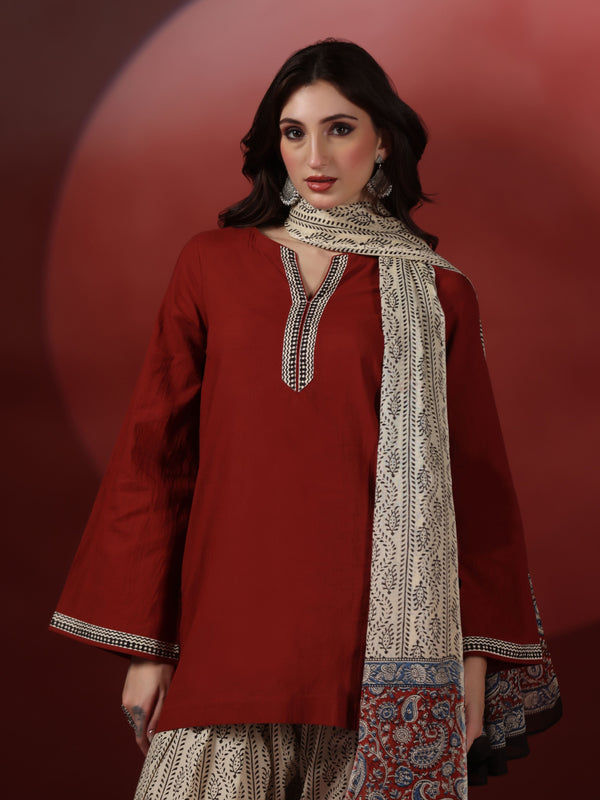 Brick Pure Cotton Solid Round Neck Full Sleeves Hip Length Straight Kurta Farshi Salwar And Dupatta Set Mizazjaipur