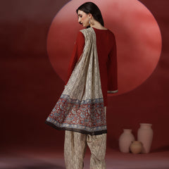 Brick Pure Cotton Solid Round Neck Full Sleeves Hip Length Straight Kurta Farshi Salwar And Dupatta Set Mizazjaipur