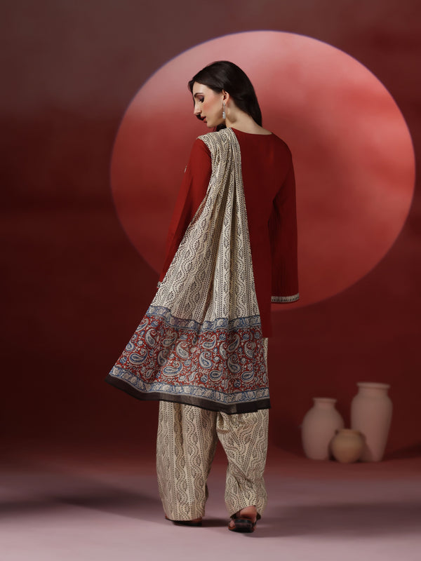 Brick Pure Cotton Solid Round Neck Full Sleeves Hip Length Straight Kurta Farshi Salwar And Dupatta Set Mizazjaipur