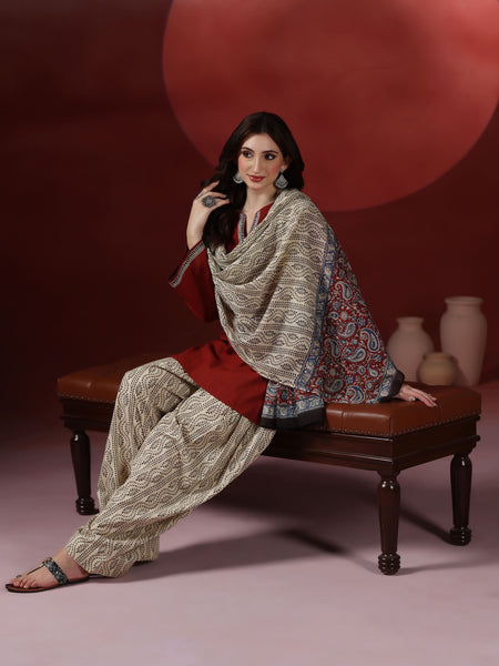 Brick Pure Cotton Solid Round Neck Full Sleeves Hip Length Straight Kurta Farshi Salwar And Dupatta Set Mizazjaipur