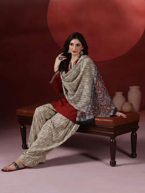 Brick Pure Cotton Solid Round Neck Full Sleeves Hip Length Straight Kurta Farshi Salwar And Dupatta Set Mizazjaipur