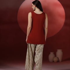 Brick Pure Cotton Solid Boat Neck Sleeveless Hip Length Straight Kurta Farshi Salwar Set