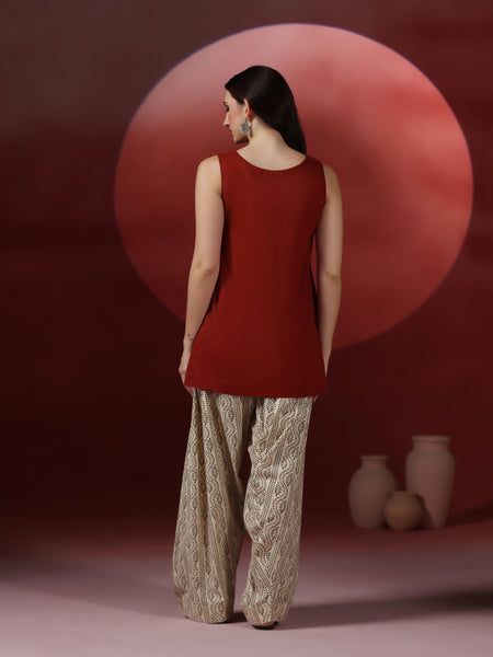 Brick Pure Cotton Solid Boat Neck Sleeveless Hip Length Straight Kurta Farshi Salwar Set Mizazjaipur