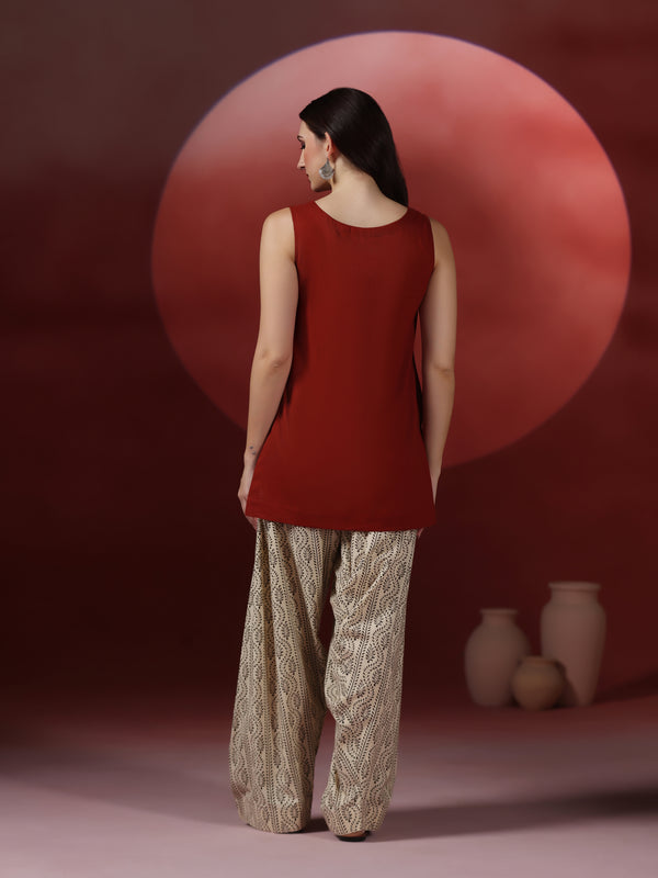 Brick Pure Cotton Solid Boat Neck Sleeveless Hip Length Straight Kurta Farshi Salwar Set
