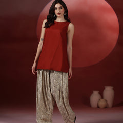 Brick Pure Cotton Solid Boat Neck Sleeveless Hip Length Straight Kurta Farshi Salwar Set