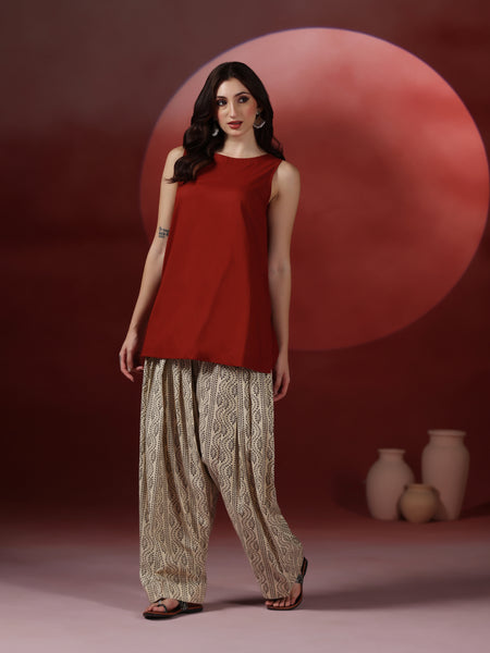 Brick Pure Cotton Solid Boat Neck Sleeveless Hip Length Straight Kurta Farshi Salwar Set