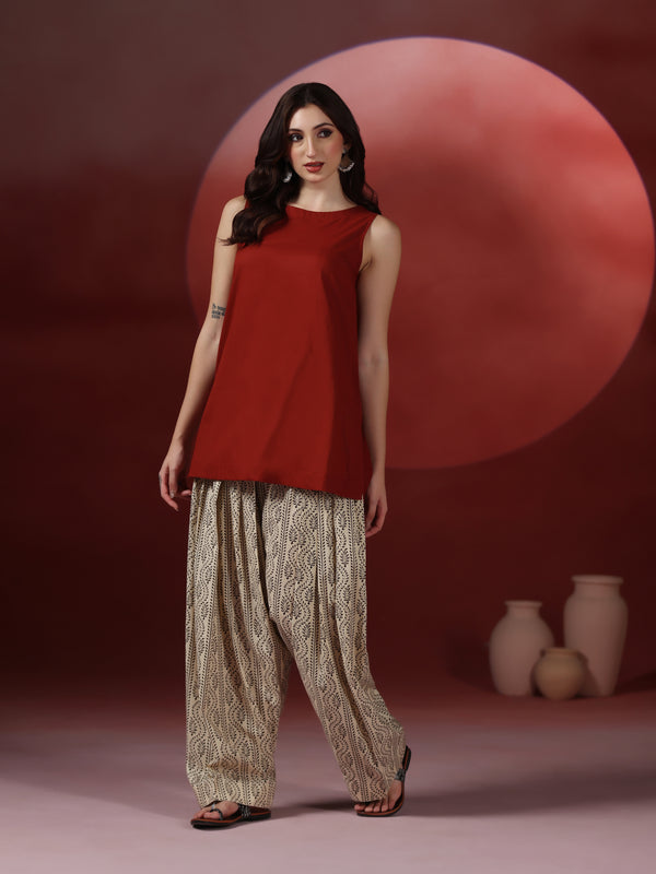 Brick Pure Cotton Solid Boat Neck Sleeveless Hip Length Straight Kurta Farshi Salwar Set