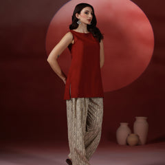 Brick Pure Cotton Solid Boat Neck Sleeveless Hip Length Straight Kurta Farshi Salwar Set