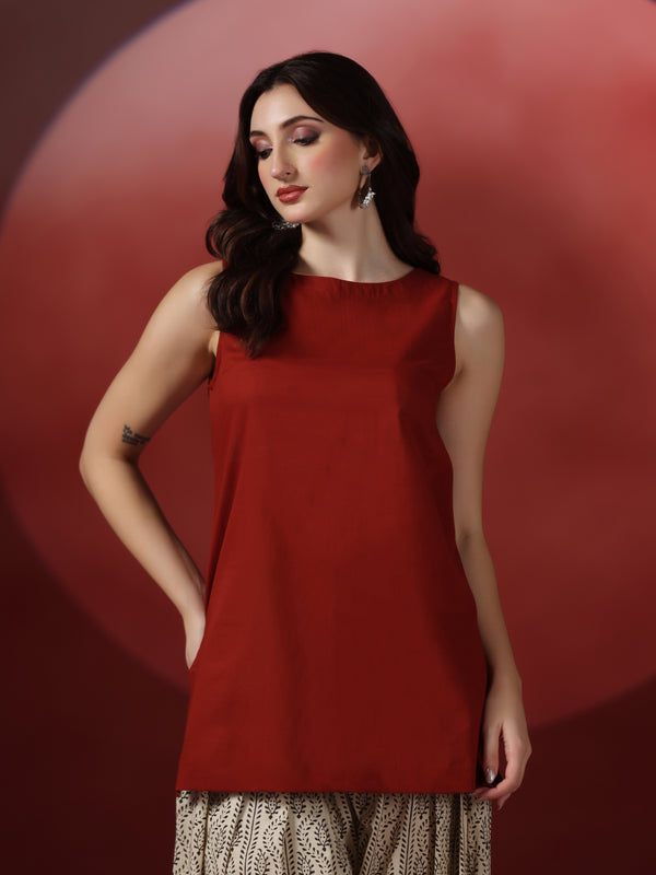 Brick Pure Cotton Solid Boat Neck Sleeveless Hip Length Straight Kurta Farshi Salwar Set