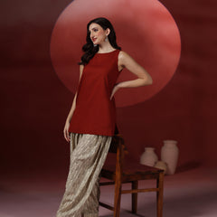 Brick Pure Cotton Solid Boat Neck Sleeveless Hip Length Straight Kurta Farshi Salwar Set