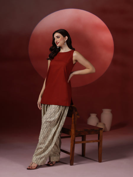 Brick Pure Cotton Solid Boat Neck Sleeveless Hip Length Straight Kurta Farshi Salwar Set Mizazjaipur