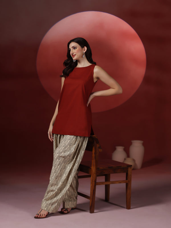 Brick Pure Cotton Solid Boat Neck Sleeveless Hip Length Straight Kurta Farshi Salwar Set