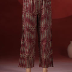 Wine Pure Cotton Printed V-Neck 3/4 Sleeves Calf Length Flared Kurta Pant And Dupatta Set