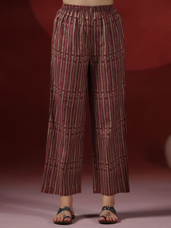Wine Pure Cotton Printed V-Neck 3/4 Sleeves Calf Length Flared Kurta Pant And Dupatta Set