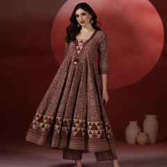Wine Pure Cotton Printed V-Neck 3/4 Sleeves Calf Length Flared Kurta Pant And Dupatta Set