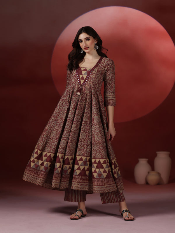 Wine Pure Cotton Printed V-Neck 3/4 Sleeves Calf Length Flared Kurta Pant And Dupatta Set