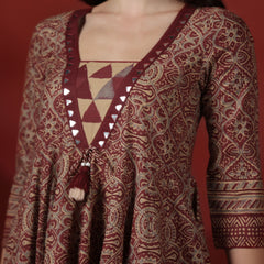 Wine Pure Cotton Printed V-Neck 3/4 Sleeves Calf Length Flared Kurta Pant And Dupatta Set