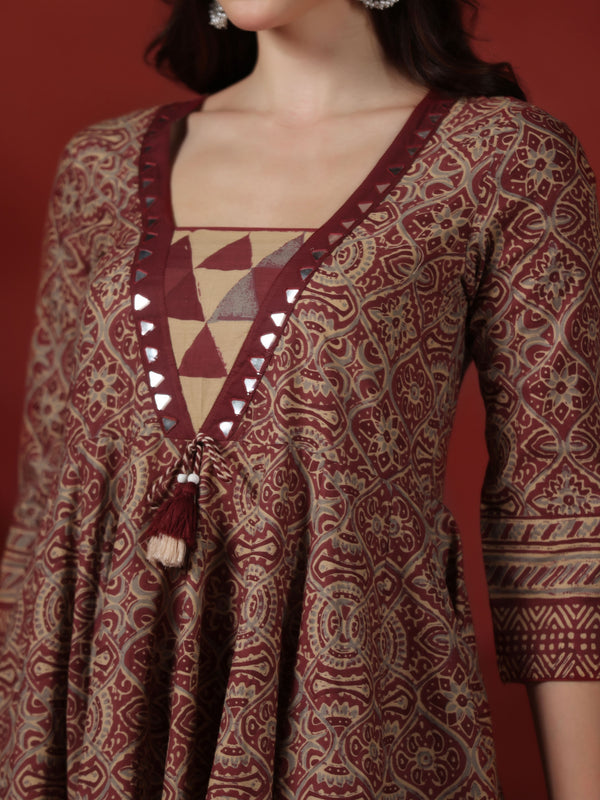 Wine Pure Cotton Printed V-Neck 3/4 Sleeves Calf Length Flared Kurta Pant And Dupatta Set