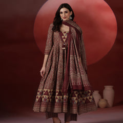 Wine Pure Cotton Printed V-Neck 3/4 Sleeves Calf Length Flared Kurta Pant And Dupatta Set