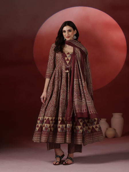 Wine Pure Cotton Printed V-Neck 3/4 Sleeves Calf Length Flared Kurta Pant And Dupatta Set