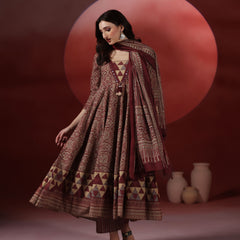 Wine Pure Cotton Printed V-Neck 3/4 Sleeves Calf Length Flared Kurta Pant And Dupatta Set