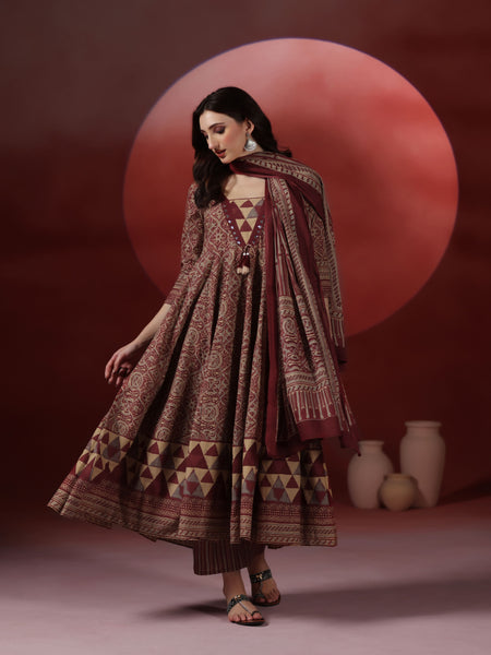 Wine Pure Cotton Printed V-Neck 3/4 Sleeves Calf Length Flared Kurta Pant And Dupatta Set