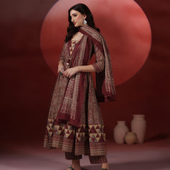 Wine Pure Cotton Printed V-Neck 3/4 Sleeves Calf Length Flared Kurta Pant And Dupatta Set