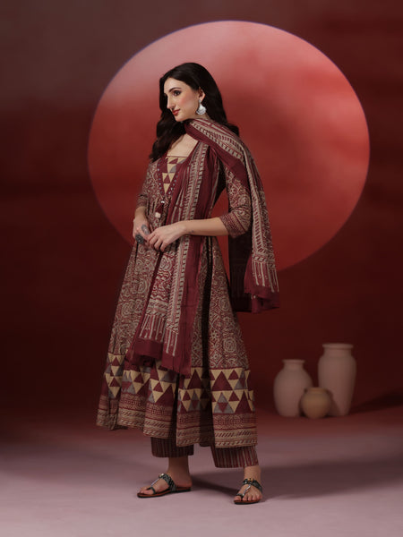 Wine Pure Cotton Printed V-Neck 3/4 Sleeves Calf Length Flared Kurta Pant And Dupatta Set