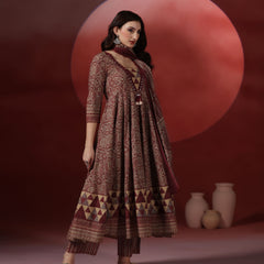 Wine Pure Cotton Printed V-Neck 3/4 Sleeves Calf Length Flared Kurta Pant And Dupatta Set