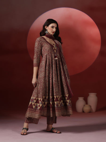 Wine Pure Cotton Printed V-Neck 3/4 Sleeves Calf Length Flared Kurta Pant And Dupatta Set