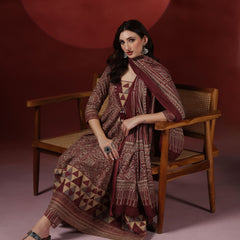 Wine Pure Cotton Printed V-Neck 3/4 Sleeves Calf Length Flared Kurta Pant And Dupatta Set