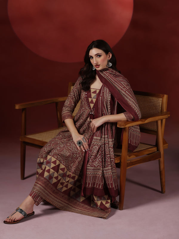 Wine Pure Cotton Printed V-Neck 3/4 Sleeves Calf Length Flared Kurta Pant And Dupatta Set