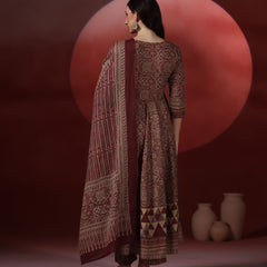 Wine Pure Cotton Printed V-Neck 3/4 Sleeves Calf Length Flared Kurta Pant And Dupatta Set