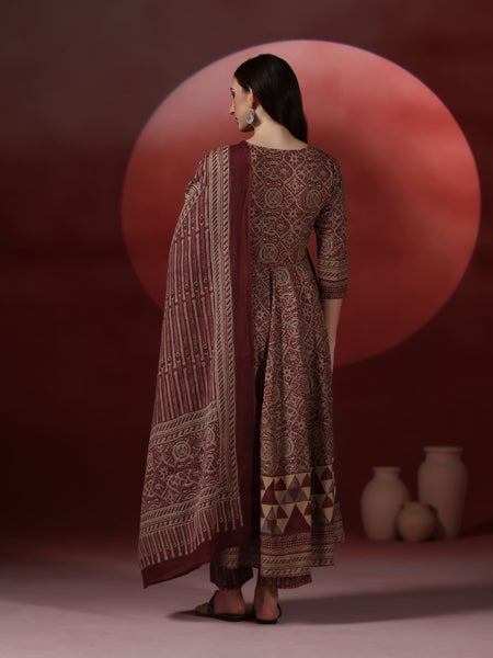 Wine Pure Cotton Printed V-Neck 3/4 Sleeves Calf Length Flared Kurta Pant And Dupatta Set