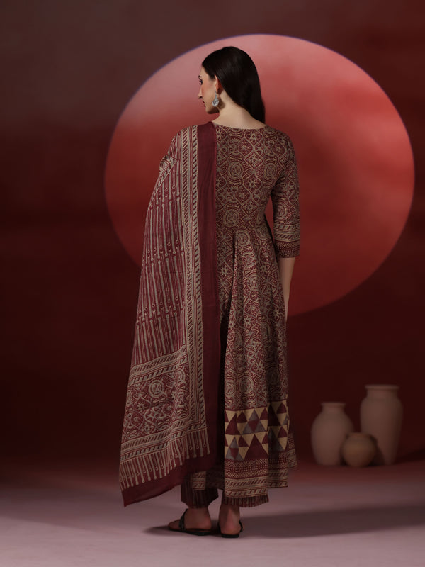 Wine Pure Cotton Printed V-Neck 3/4 Sleeves Calf Length Flared Kurta Pant And Dupatta Set