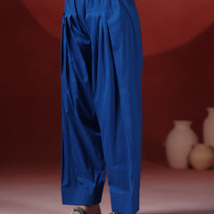 Royal Blue Pure Cotton Solid Round Neck Full Sleeves Hip Length Straight Kurta Farshi Salwar And Dupatta Set