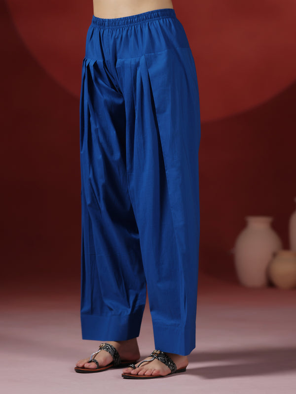Royal Blue Pure Cotton Solid Round Neck Full Sleeves Hip Length Straight Kurta Farshi Salwar And Dupatta Set