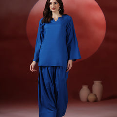 Royal Blue Pure Cotton Solid Round Neck Full Sleeves Hip Length Straight Kurta Farshi Salwar And Dupatta Set
